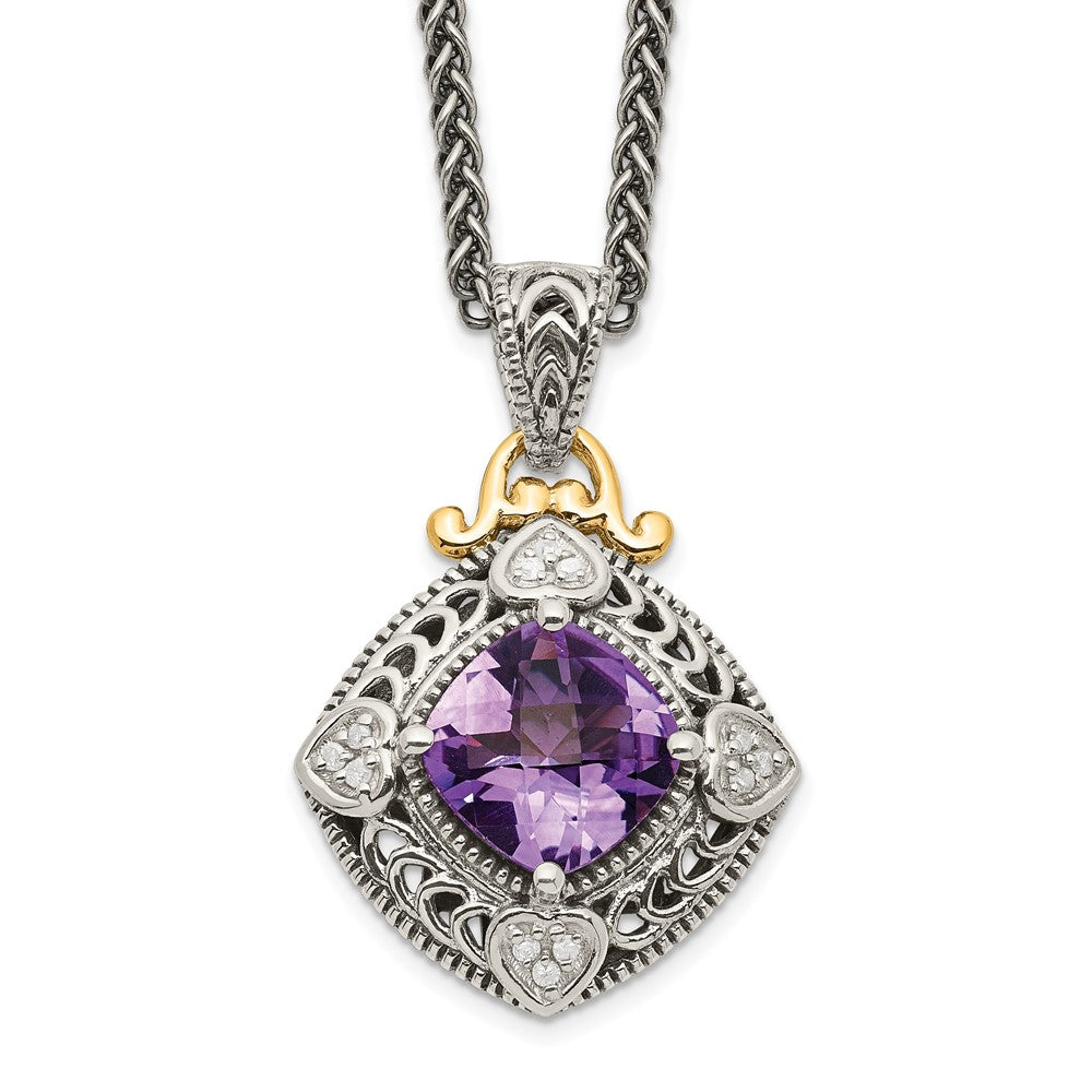Shey Couture Sterling Silver with 14K Accent 18 Inch Antiqued Cushion Amethyst Necklace, 2.04 ct, 18 x 18 mm