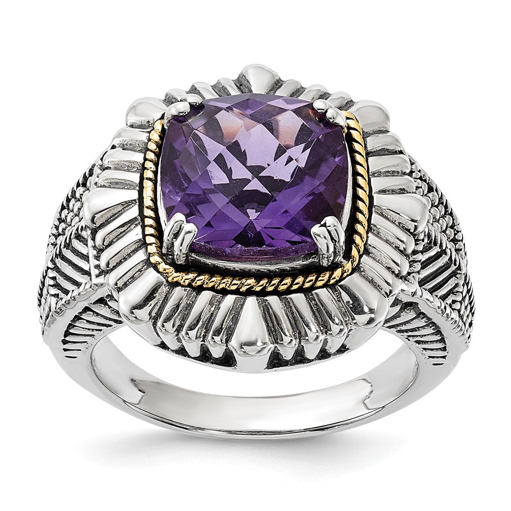 Sterling Silver w/14k Polished & Antiqued Textured Amethyst Ring, Size 7, 18.25 mm