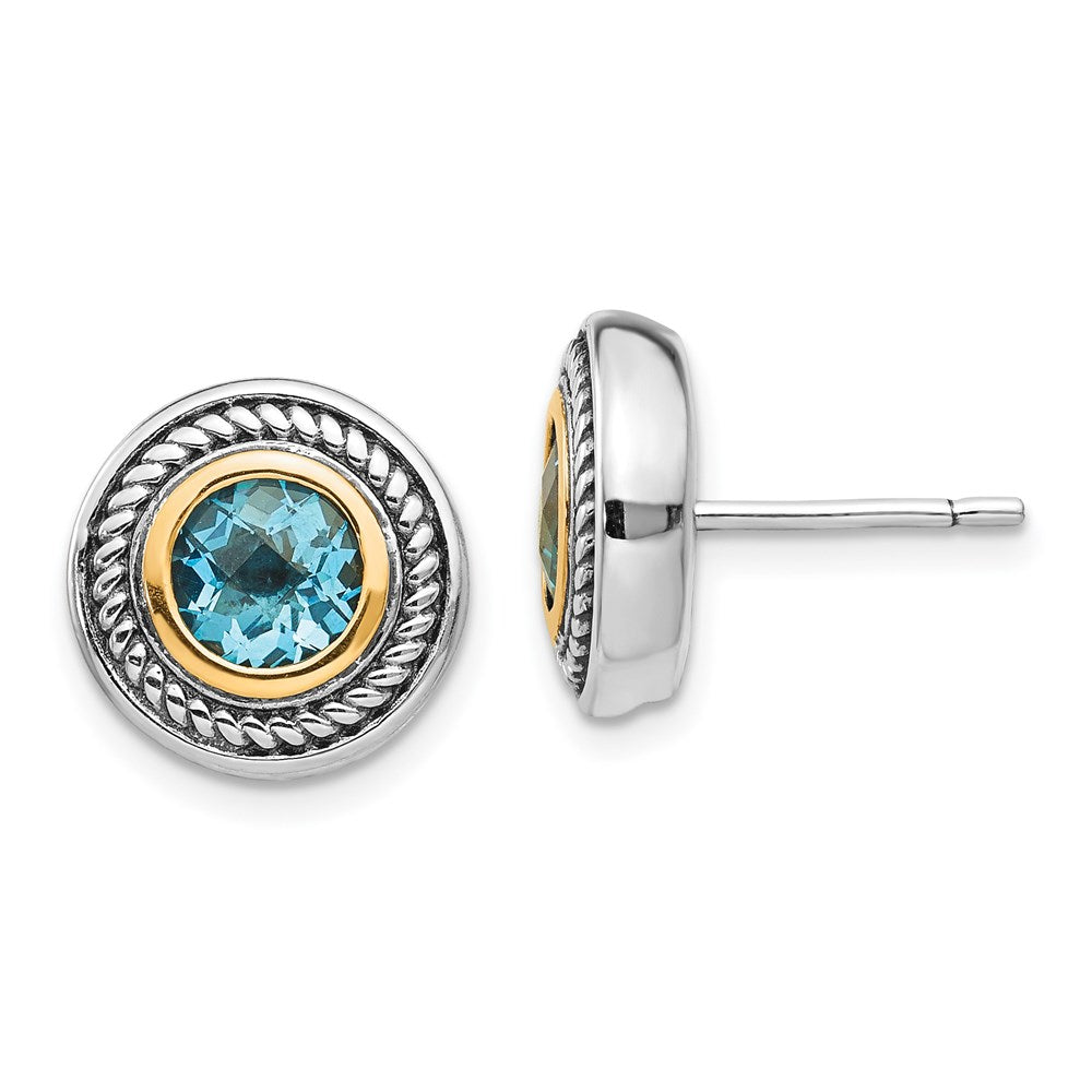 Shey Couture Sterling Silver with 14K Accent Antiqued Round Blue Topaz Post Earrings, 12 x 12 mm