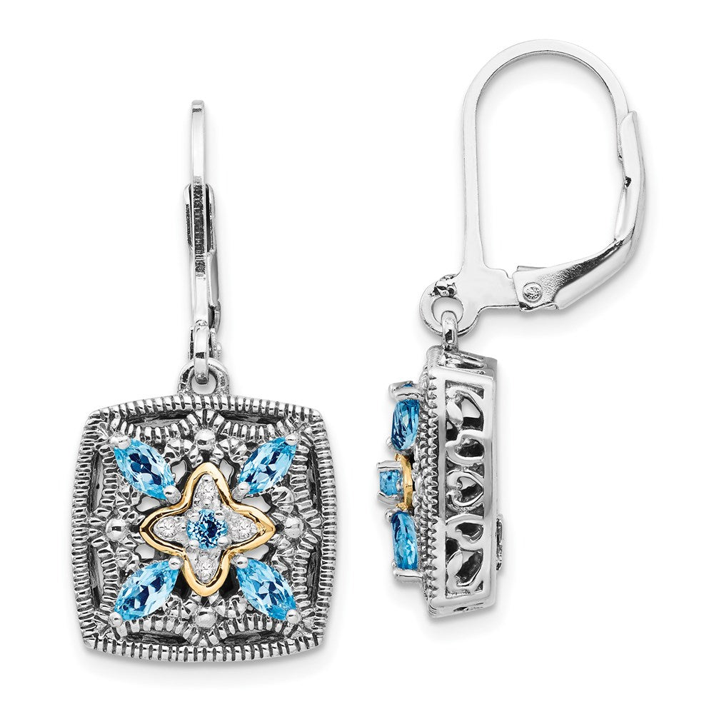 Shey Couture Sterling Silver with 14K Accent Antiqued Diamond and Marquise Blue Topaz Leverback Earrings, 0.614 ct, 29 x 14 mm