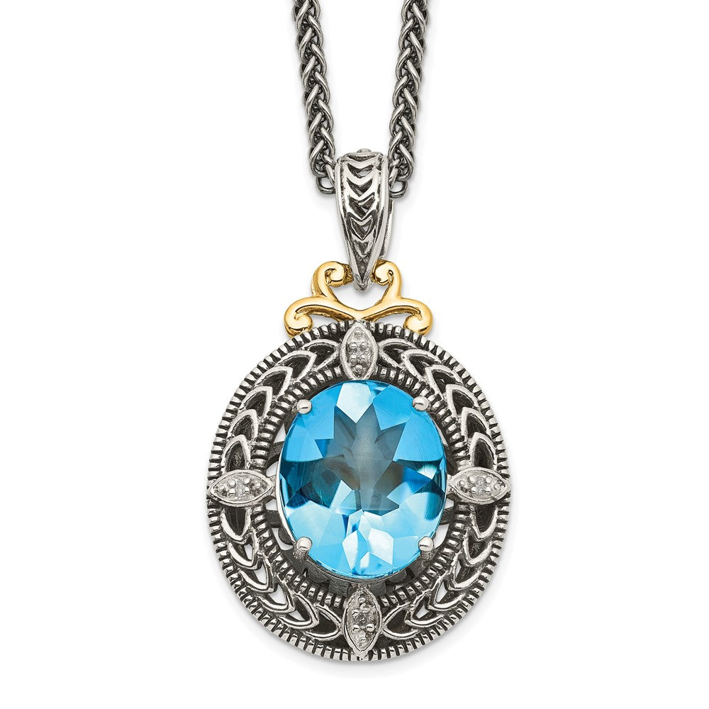 Shey Couture Sterling Silver with 14K Accent 18 Inch Antiqued Diamond and Oval Blue Topaz Necklace, 5.33 ct, 18 x 13 mm