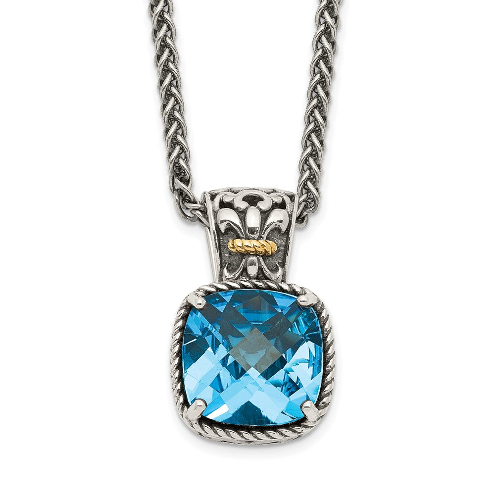 Shey Couture Sterling Silver with 14K Accent 18 Inch Antiqued Cushion Blue Topaz Necklace, 18 x 11 mm