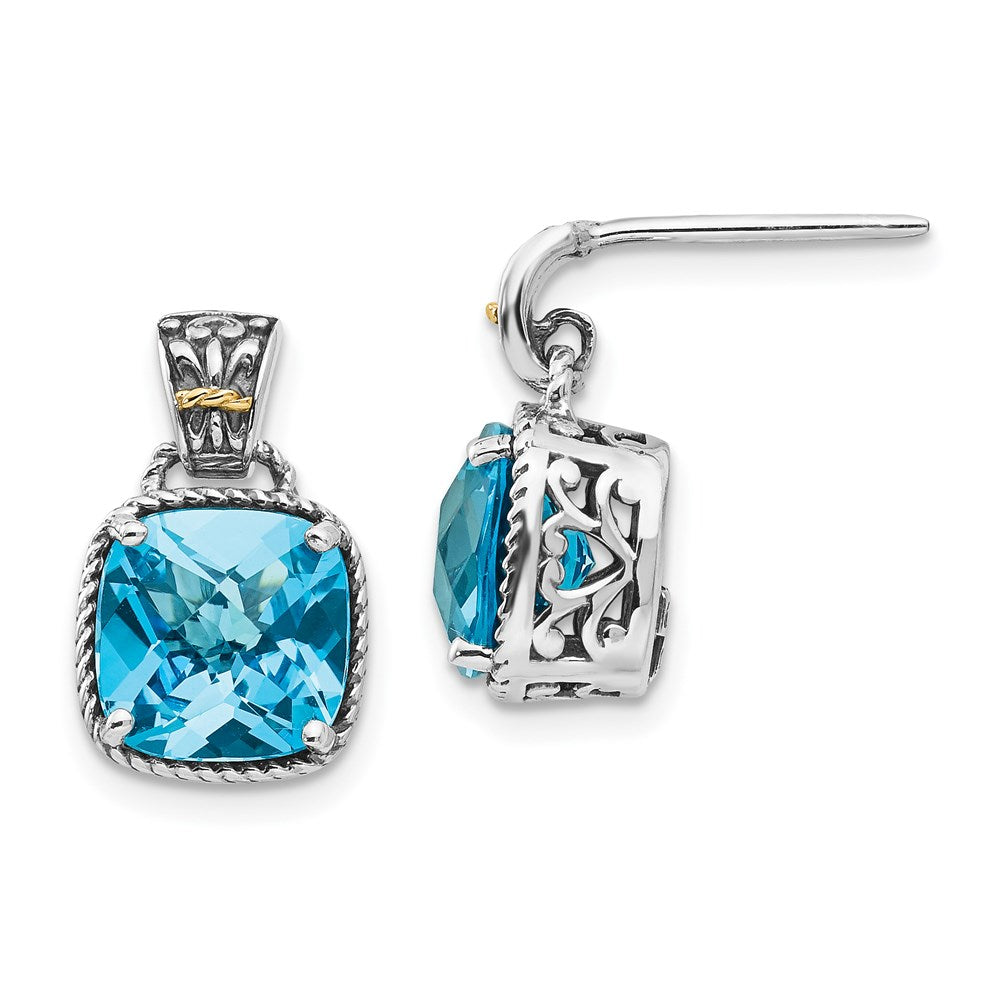 Shey Couture Sterling Silver with 14K Accent Antiqued Cushion Blue Topaz Post Dangle Earrings, 16 x 9 mm