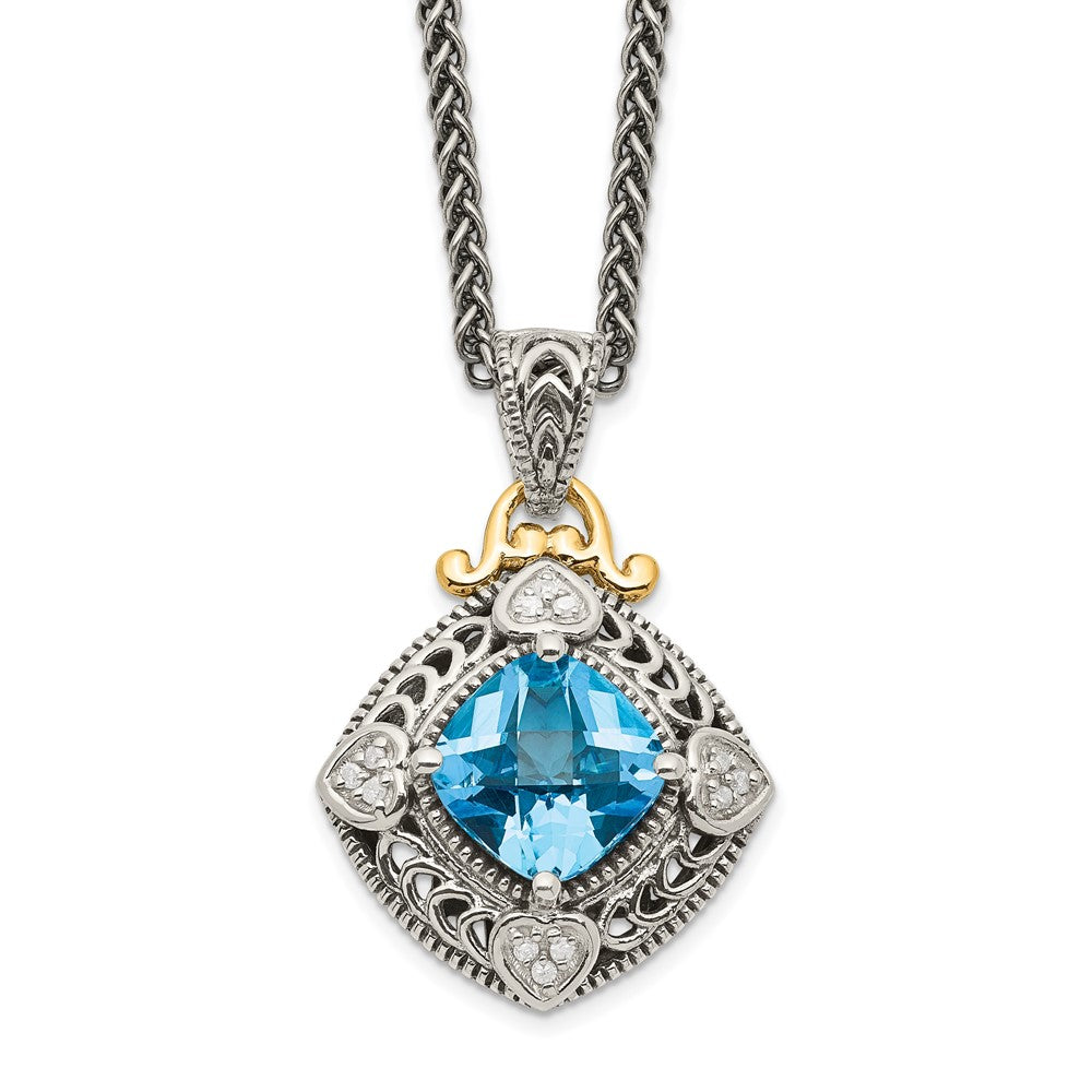 Shey Couture Sterling Silver with 14K Accent 18 Inch Antiqued Diamond and Cushion Blue Topaz Necklace, 2.76 ct, 18 x 18 mm