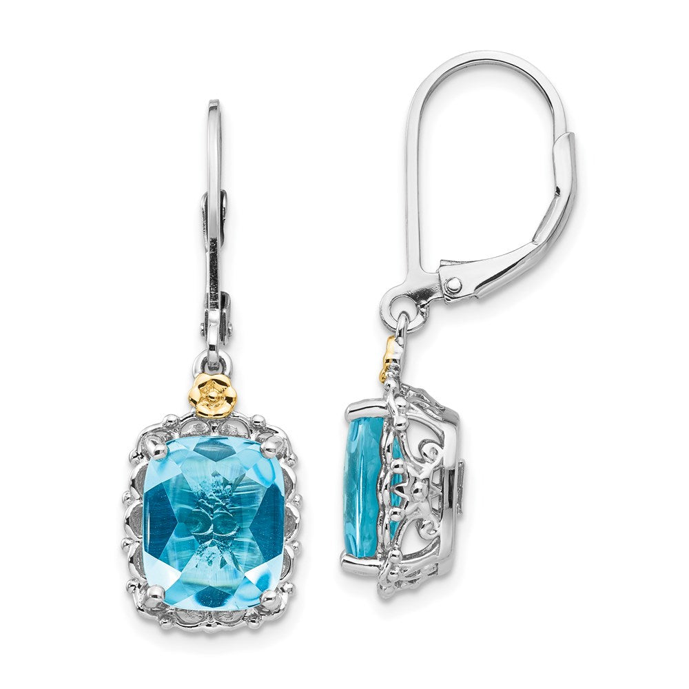 Shey Couture Sterling Silver Rhodium-plated with 14K Accent Recangular Blue Topaz Leverback Dangle Earrings, 32 x 10 mm