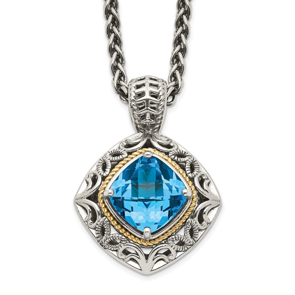 Shey Couture Sterling Silver with 14K Accent 18 Inch Antiqued Cushion Blue Topaz Necklace, 18 mm, 4.99 g