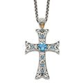Shey Couture Sterling Silver Rhodium-plated with 14K Accent 18 Inch Antiqued Round Blue Topaz Cross Necklace, 18 mm