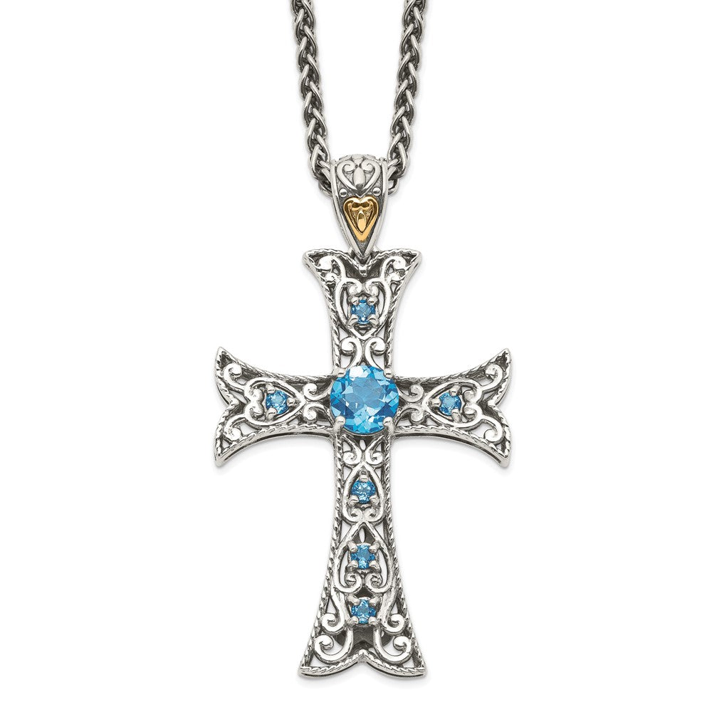 Shey Couture Sterling Silver Rhodium-plated with 14K Accent 18 Inch Antiqued Round Blue Topaz Cross Necklace, 18 mm