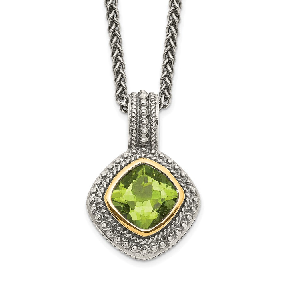 Shey Couture Sterling Silver with 14K Accent 18 Inch Antiqued Cushion Bezel Peridot Necklace, 18 mm