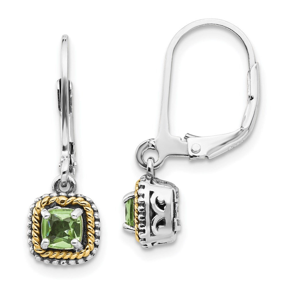 Shey Couture Sterling Silver with 14K Accent Antiqued Cushion Peridot Leverback Earrings, 24 x 7 mm