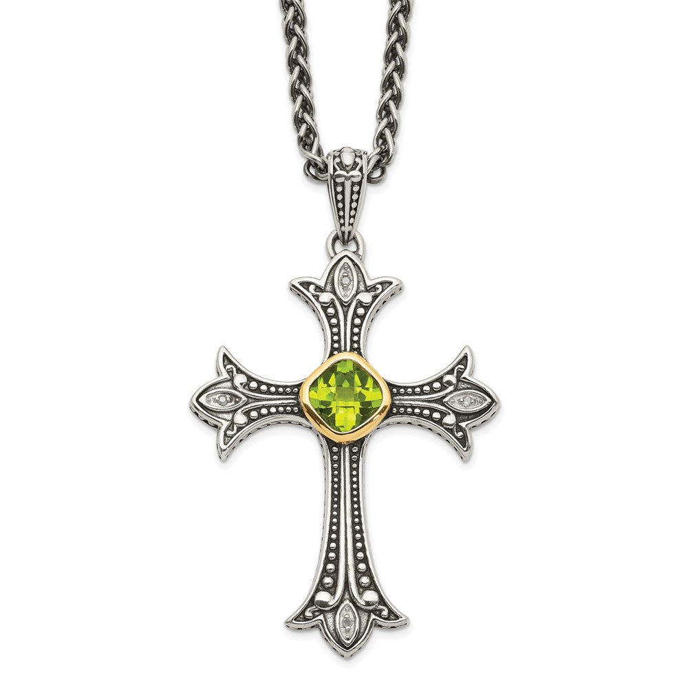 Shey Couture Sterling Silver with 14K Accent 18 Inch Antiqued Diamond and Cushion Bezel Peridot Necklace, 1.1 ct, 18 mm