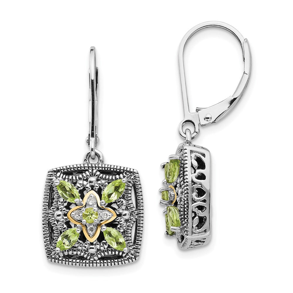 Shey Couture Sterling Silver with 14K Accent Antiqued Diamond and Marquise Peridot Leverback Earrings, 0.85 ct, 31 x 13 mm