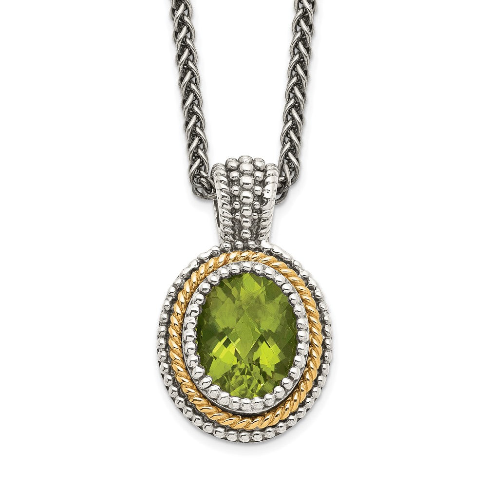 Shey Couture Sterling Silver with 14K Accent 18 Inch Antiqued Oval Bezel Peridot Necklace, 18 mm