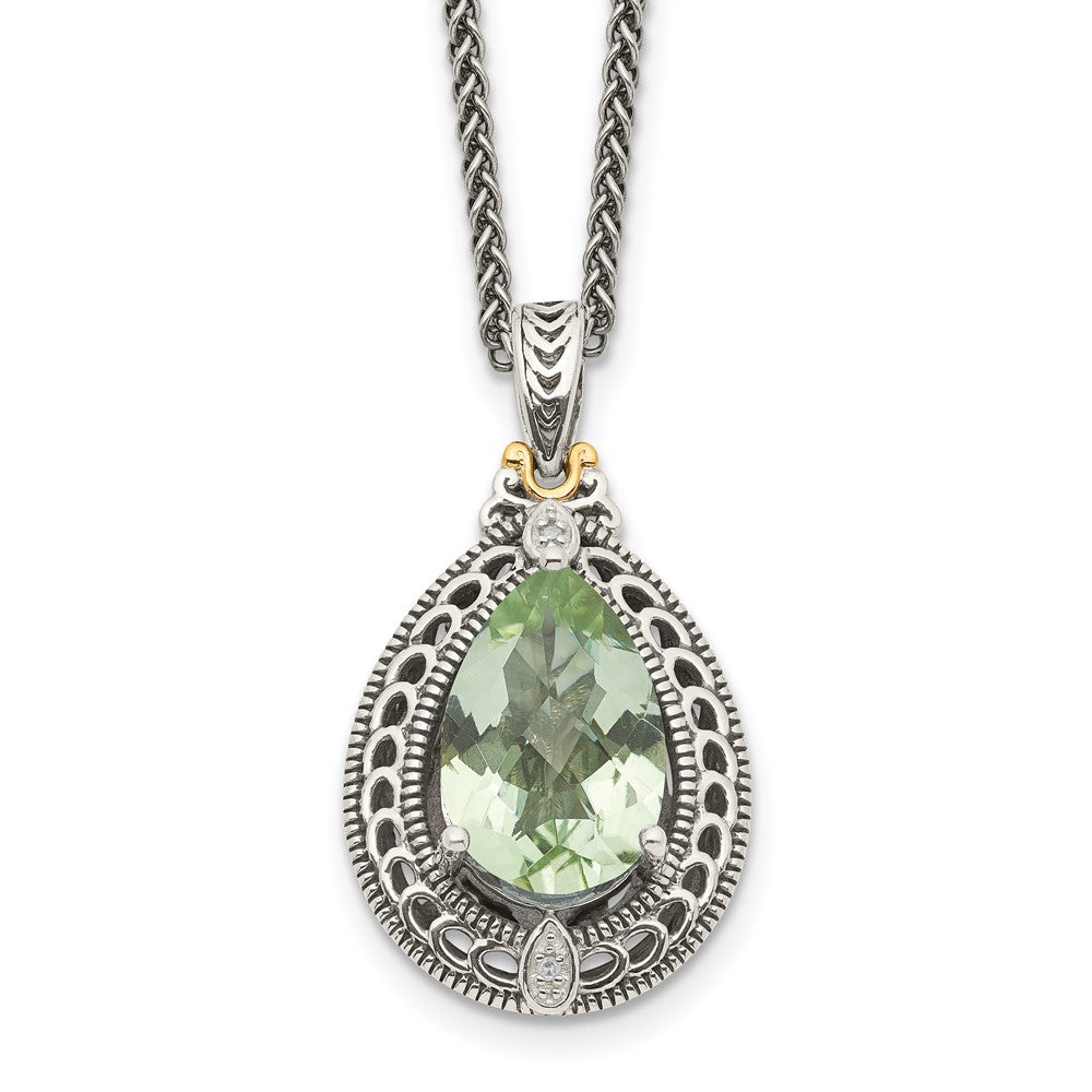 Shey Couture Sterling Silver with 14K Accent 18 Inch Antiqued Diamond and Pear Shaped Green Quartz Necklace, 4.51 ct, 18 mm