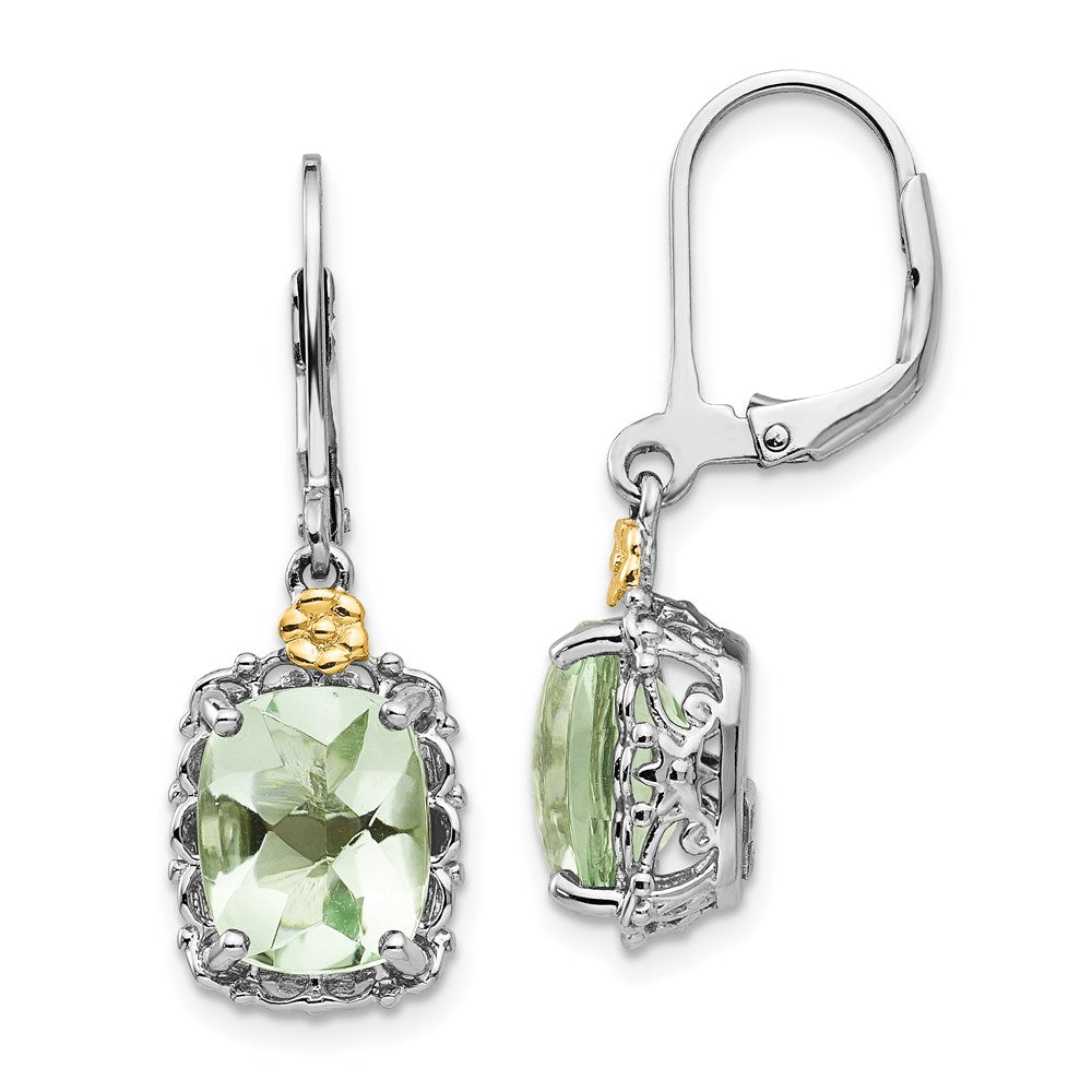 Shey Couture Sterling Silver Rhodium-plated with 14K Accent Cushion Green Quartz Leverback Earrings, 32 x 10 mm