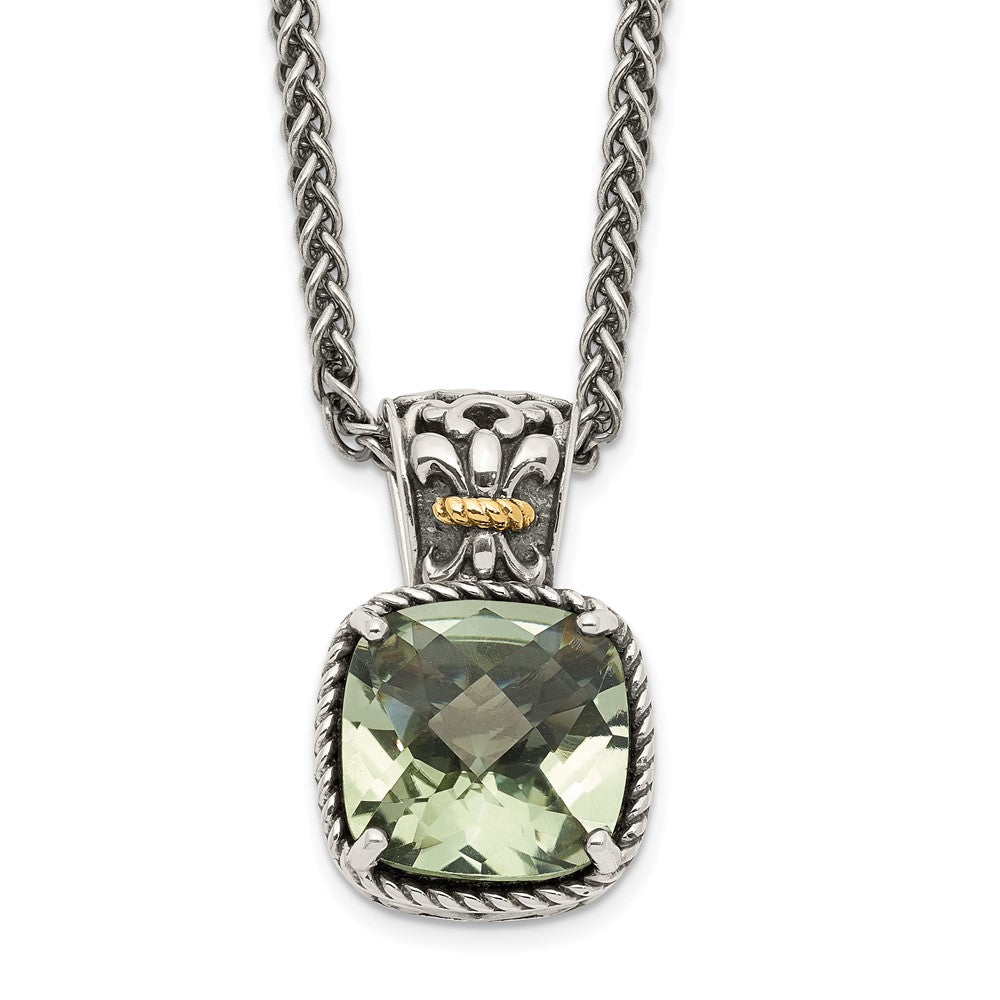 Shey Couture Sterling Silver with 14K Accent 18 Inch Antiqued Cushion Green Quartz Necklace, 18 mm, 2.41 g