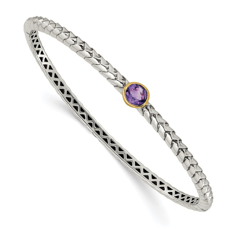 Shey Couture Sterling Silver Antiqued with 14K Accent Round Bezel Amethyst Hinged Bangle Bracelet, 0.74 ct, 7.5 mm