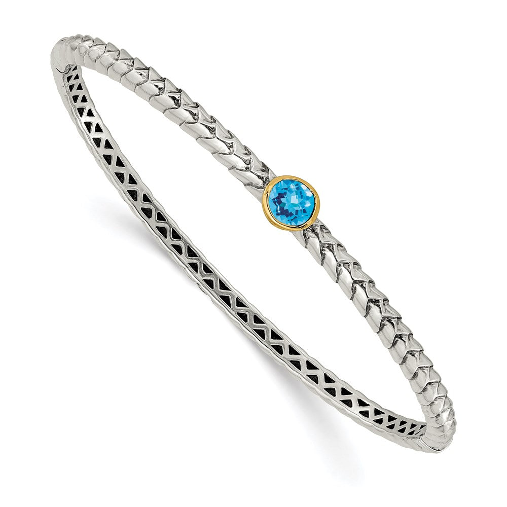 Shey Couture Sterling Silver Antiqued with 14K Accent Round Bezel Blue Topaz Bangle Bracelet, 1.05 ct, 7.5 mm
