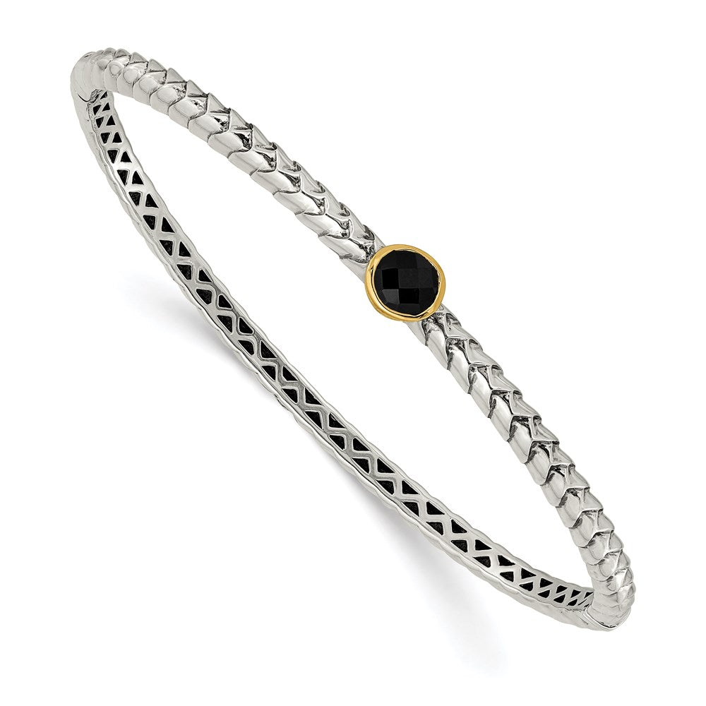 Shey Couture Sterling Silver with 14K Accent Antiqued Checkerboard-cut Black Onyx Hinged Bangle Bracelet, 7.25 x 7.5 mm