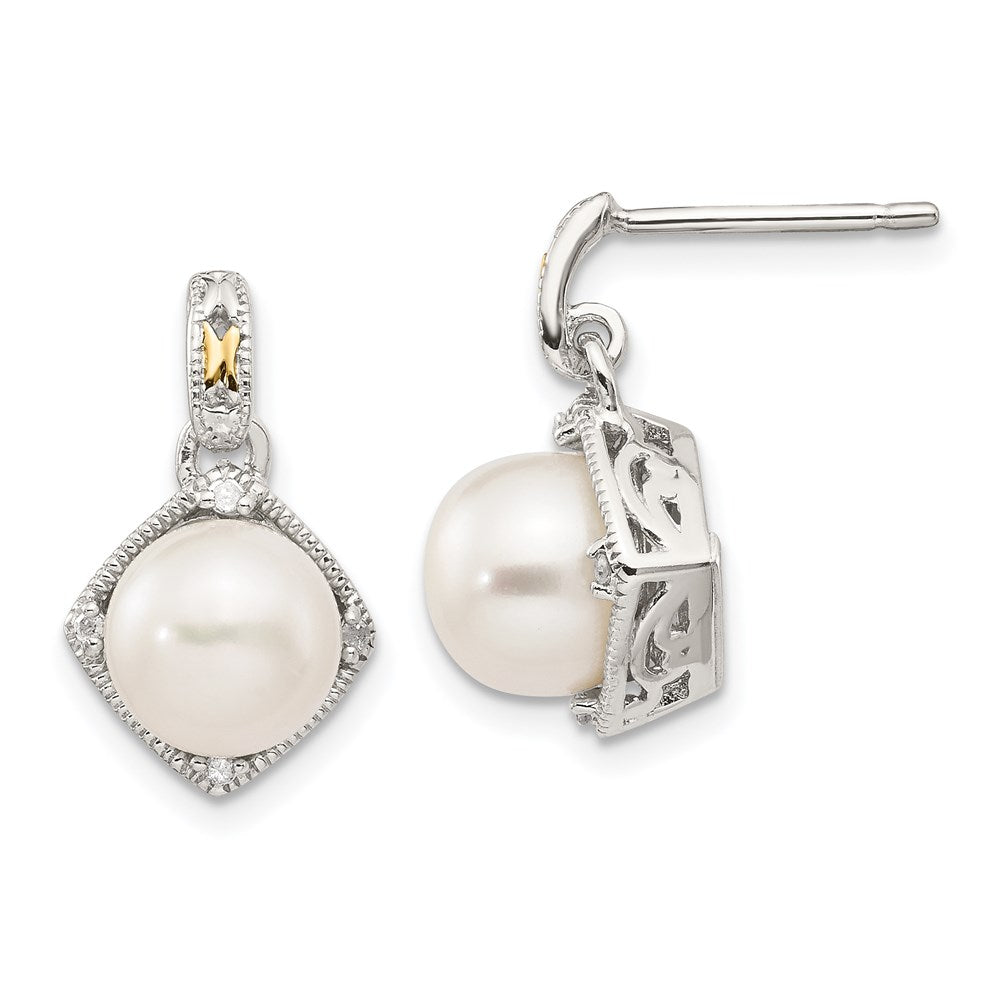 Shey Couture Sterling Silver Rhodium-plated with 14K Accent 7.5-8mm Freshwater Cultured Pearl and Diamond Dangle Post Earrings, 0.04 ct, 17 x 11 mm