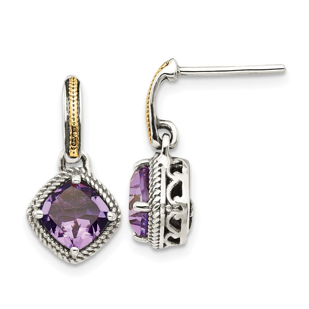 Shey Couture Sterling Silver with 14K Accent Antiqued Cushion Amethyst Post Dangle Earrings, 1.8 ct, 17 x 10 mm