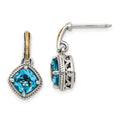 Shey Couture Sterling Silver with 14K Accent Antiqued Cushion Light Swiss Blue Topaz Post Dangle Earrings, 2.7 ct, 18 x 10 mm
