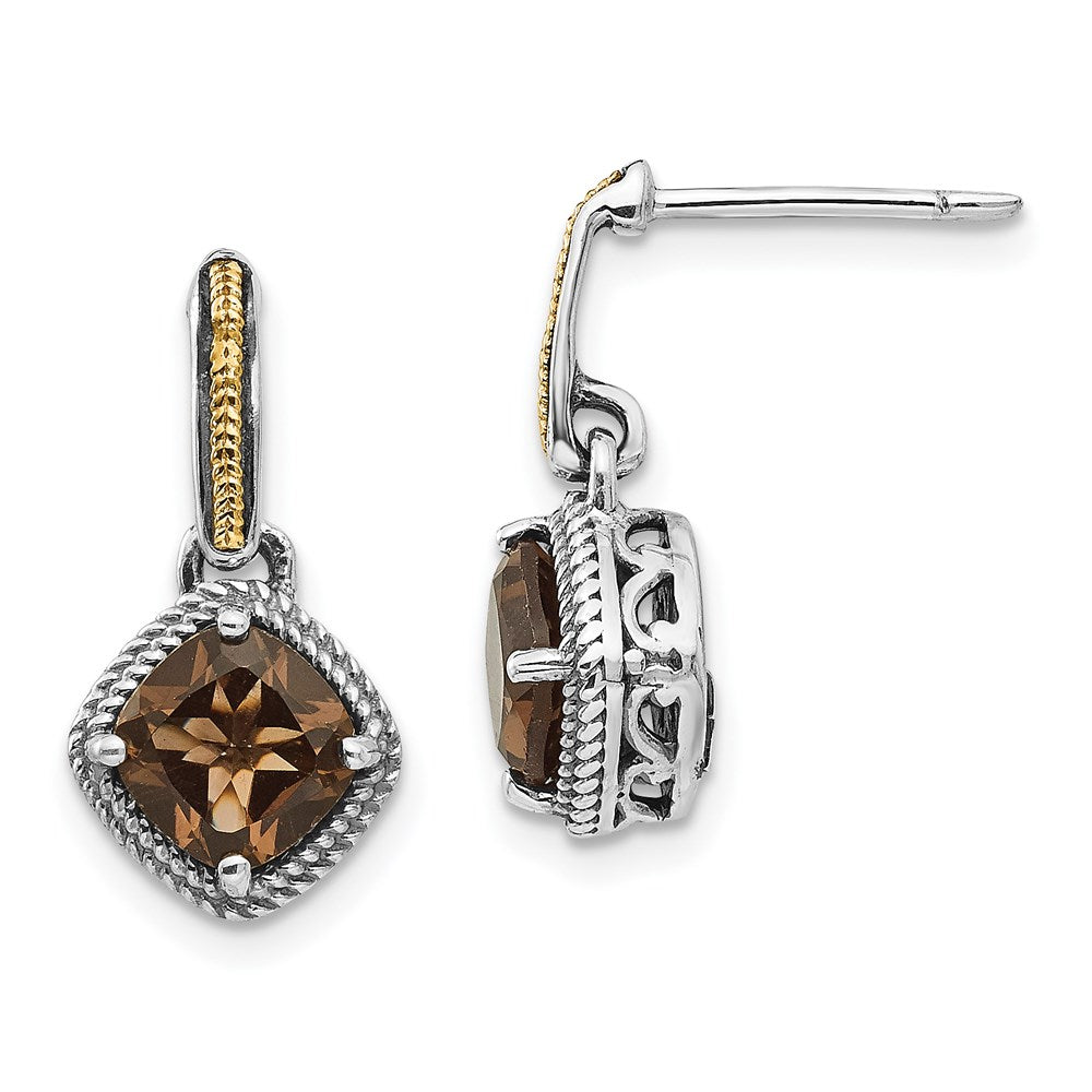 Shey Couture Sterling Silver with 14K Accent Antiqued Cushion Smoky Quartz Post Dangle Earrings, 1.8 ct, 18 x 10 mm