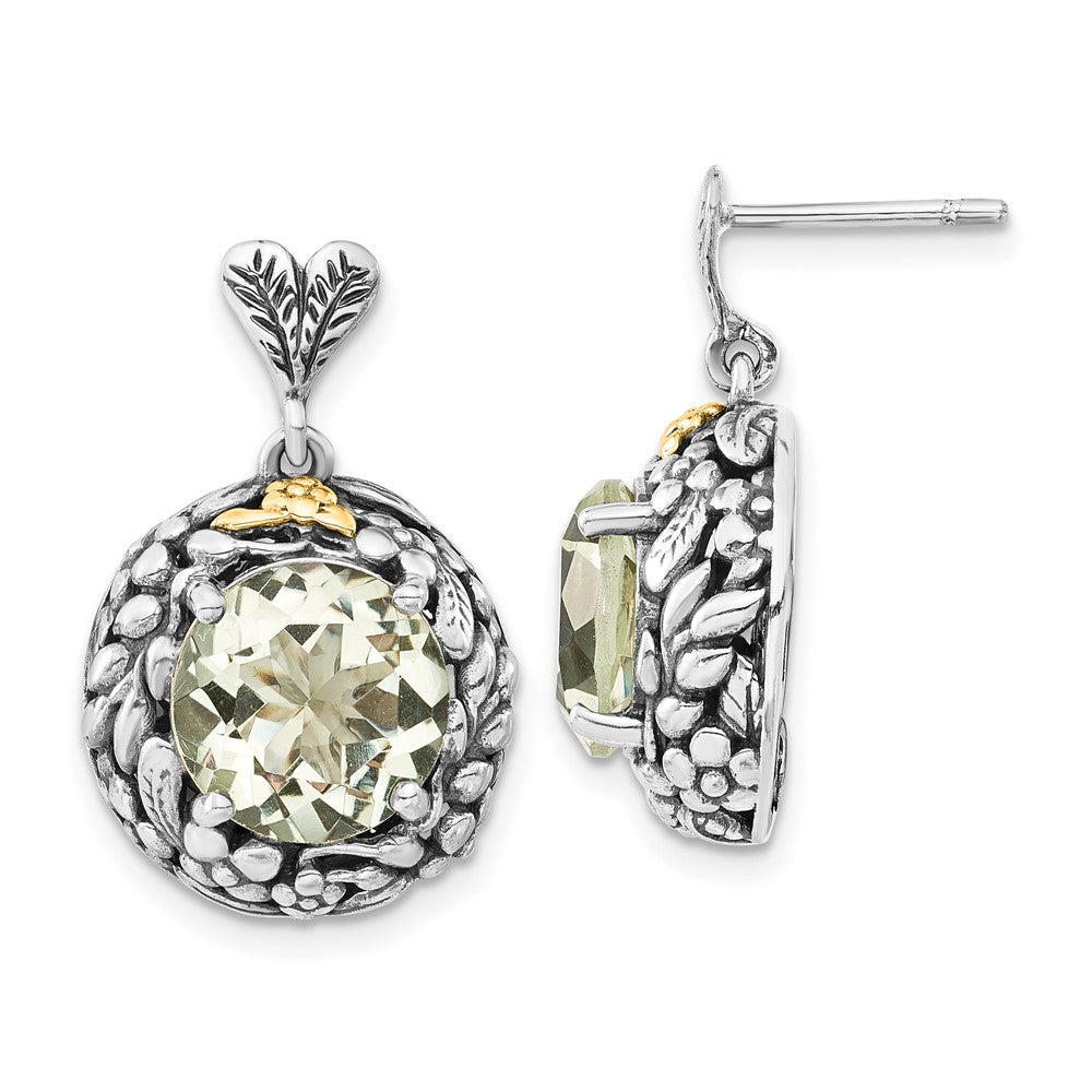 Sterling Silver w/14k Polished & Antiqued Green Quartz Post Dangle Earrings, 5.94 ct, 24.5 x 16 mm