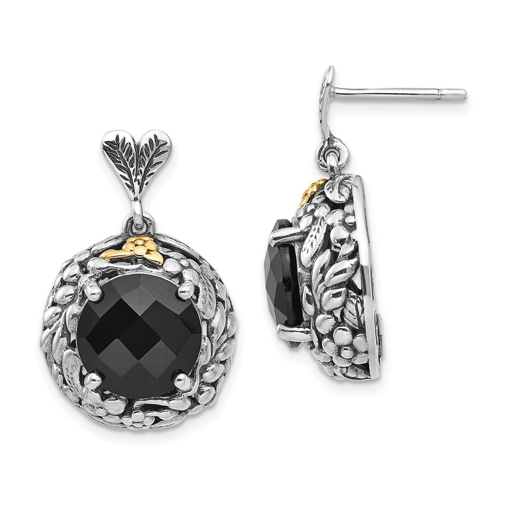 Shey Couture Sterling Silver with 14K Accent Antiqued Checkerboard-cut Black Onyx Post Dangle Earrings, 26 x 16 mm