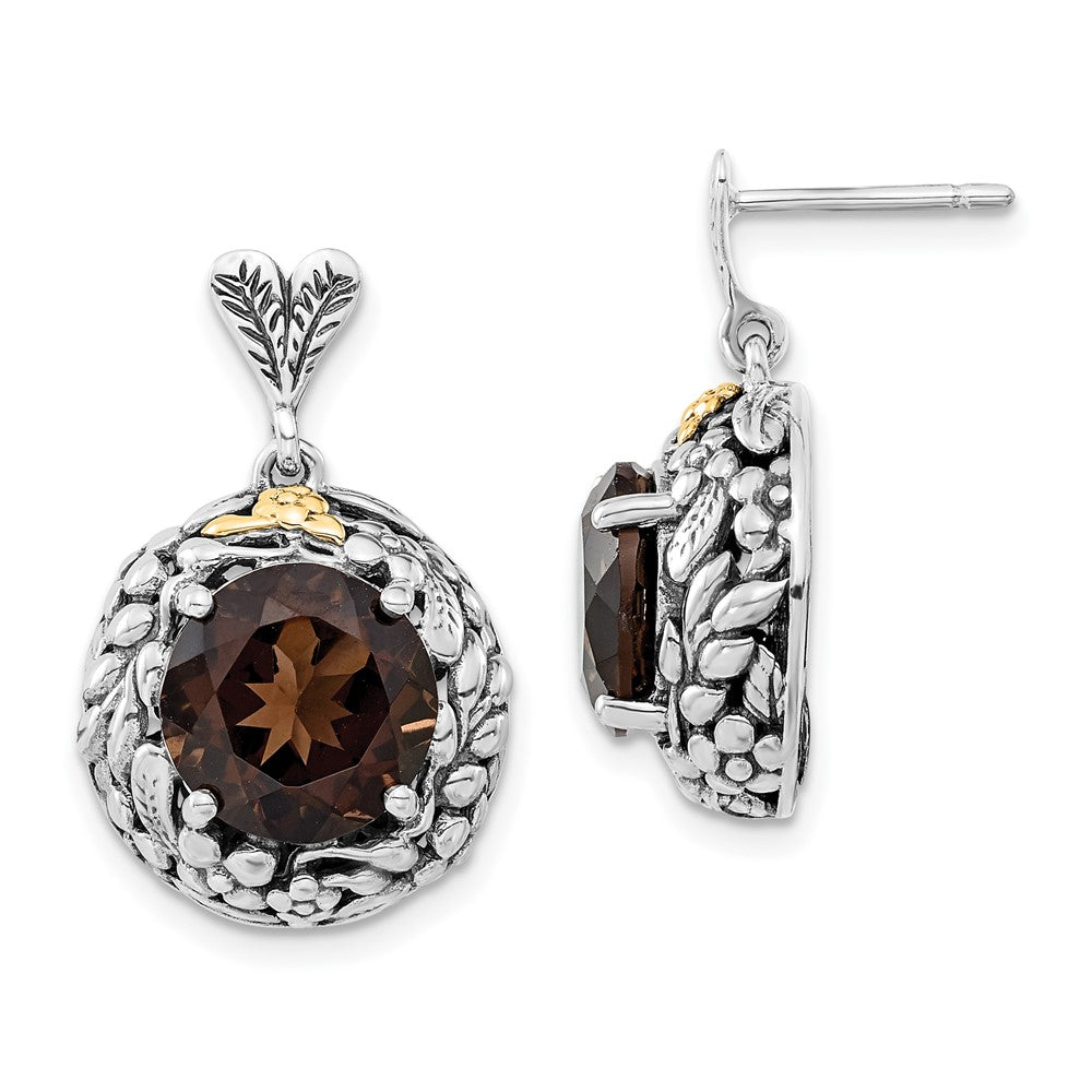 Sterling Silver w/14k Polished & Antiqued Smoky Quartz Post Dangle Earrings, 5.94 ct, 24.5 x 16 mm