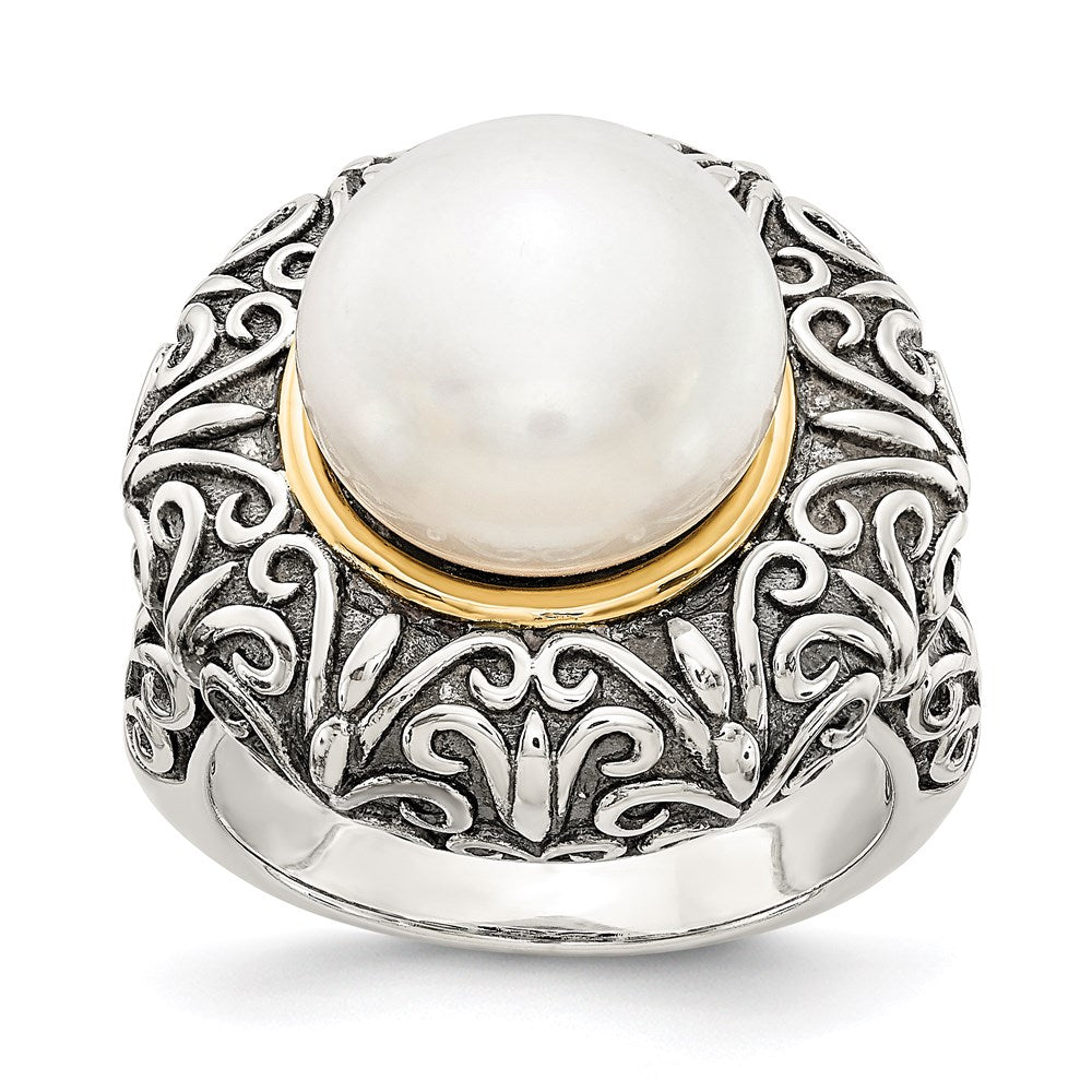 Sterling Silver w/14k 12mm FW Cultured Pearl Ring, Size 7