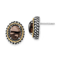 Sterling Silver w/14k Polished & Antiqued Oval Smoky Quartz Post Earrings, 4.32 ct, 16.2 x 13.5 mm