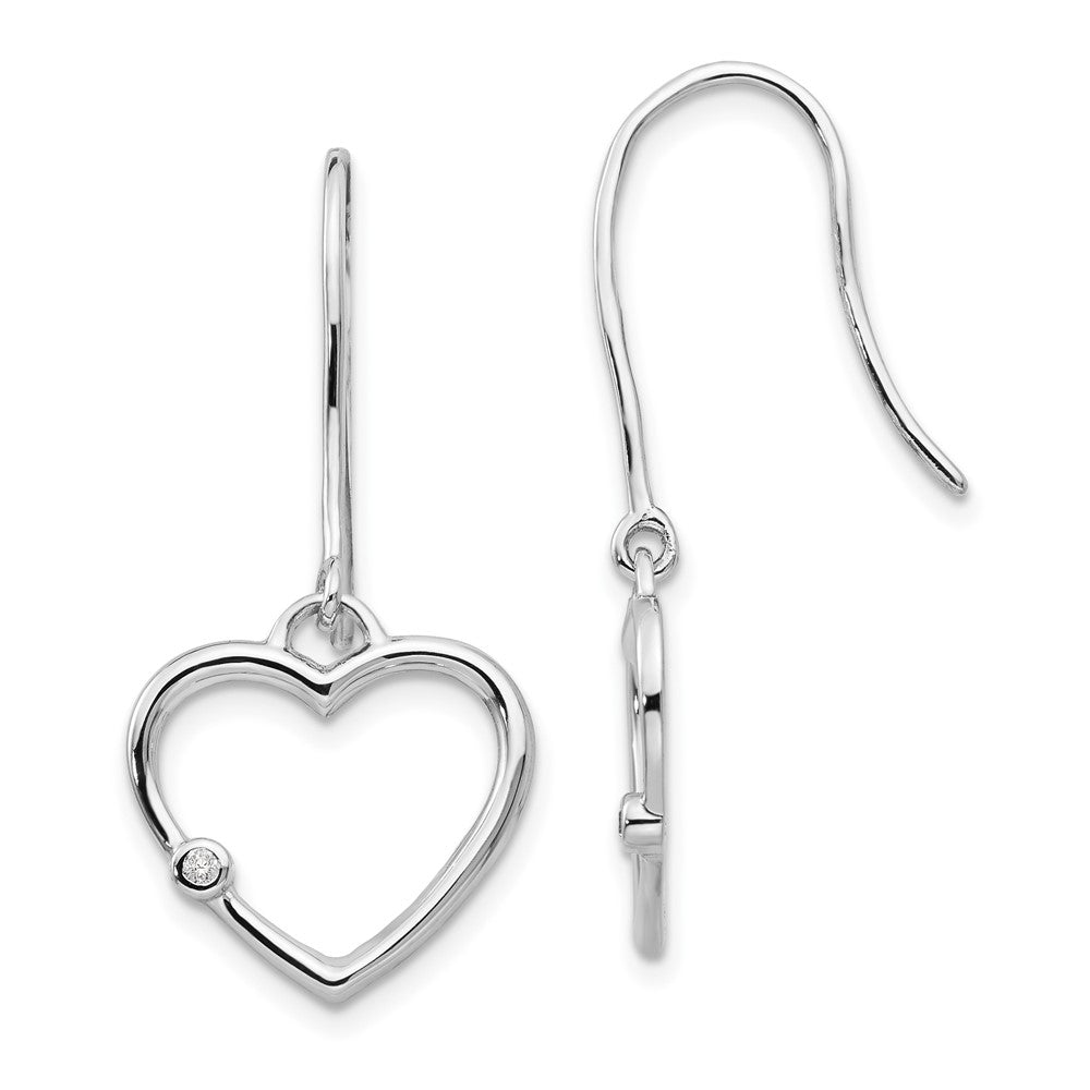 White Ice Sterling Silver Rhodium-plated Diamond Heart Shepherd Hook Dangle Earrings, 0.02 ct, 31 x 15 mm