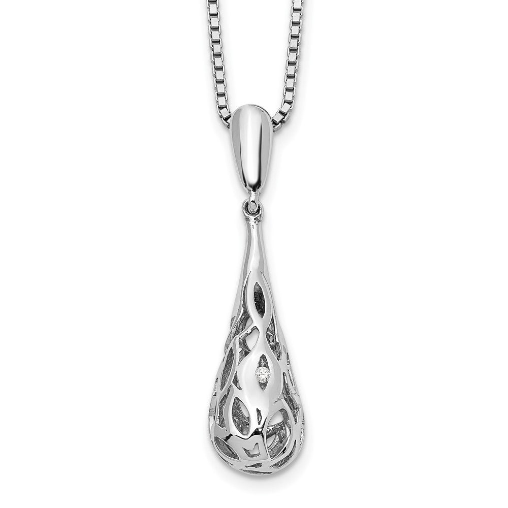 White Ice Sterling Silver Rhodium-plated 18 Inch Diamond Filigree Teardrop Necklace with 2 Inch Extender, 0.01 ct, 20 x 8 mm