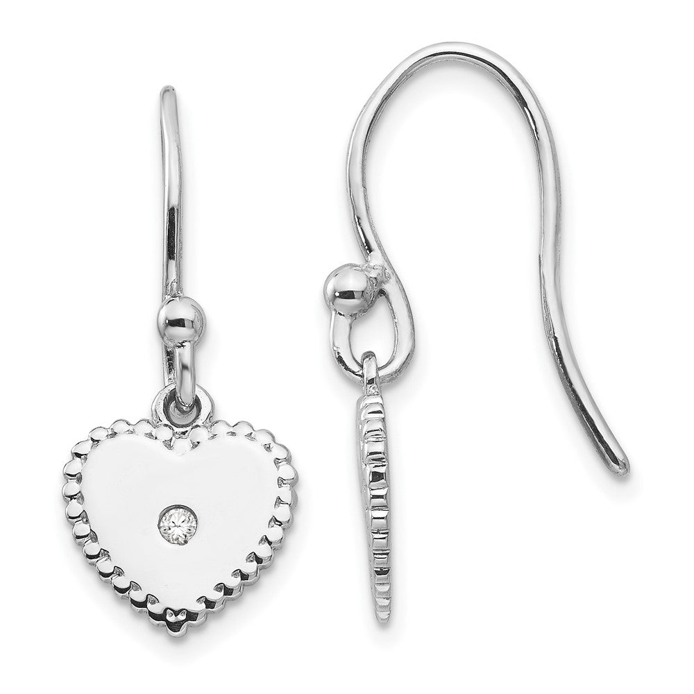 White Ice Sterling Silver Rhodium-plated Diamond Shepherd Hook Heart Dangle Earrings, 0.034 ct, 24 x 10 mm