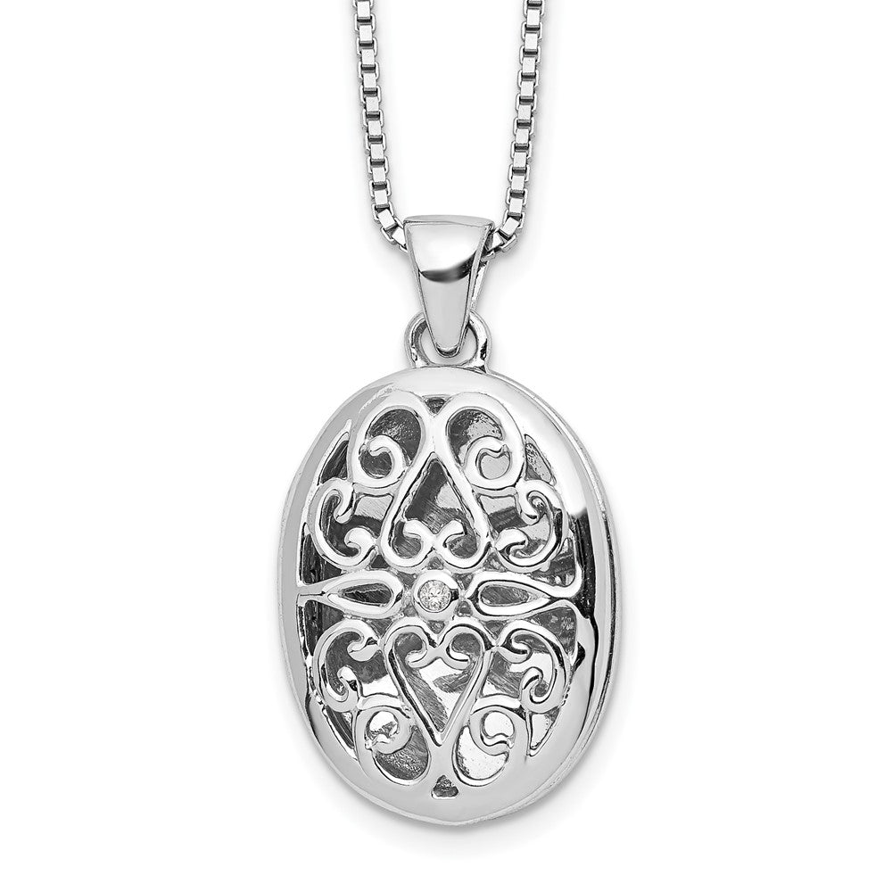 White Ice Sterling Silver Rhodium-plated 18 Inch Diamond Filigree Oval Locket Necklace with 2 Inch Extender, 0.01 ct, 20 x 14.95 mm