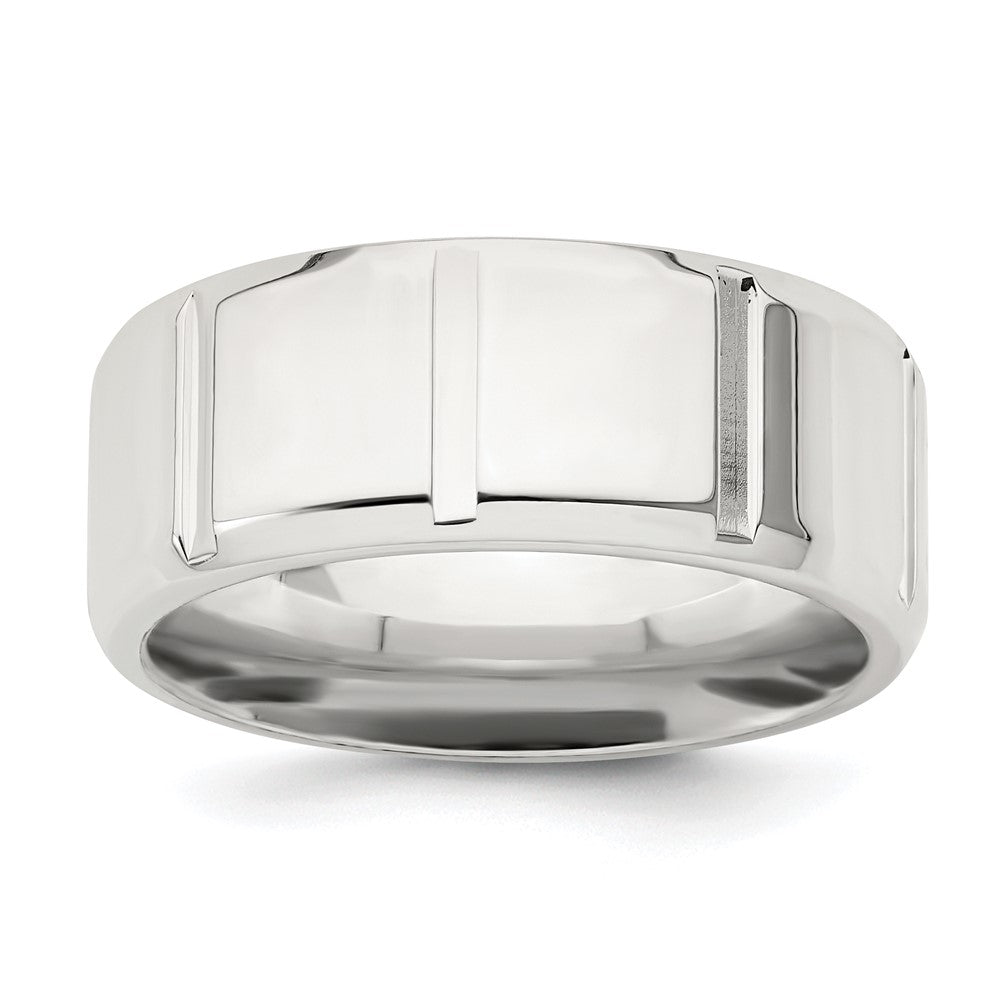 Sterling Silver 8mm Polished Flat Notched Beveled Edge Fancy Band Size 13, 8 mm