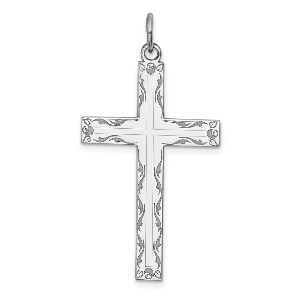 Sterling Silver Rhodium-plated Laser Cut Cross Pendant, 37 x 21 mm