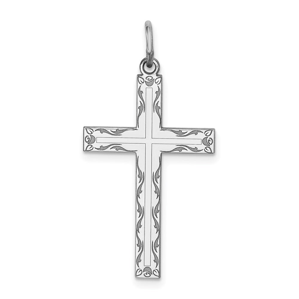 Sterling Silver Rhodium-plated Laser Cut Cross Pendant, 30 x 17 mm, 0.9 g