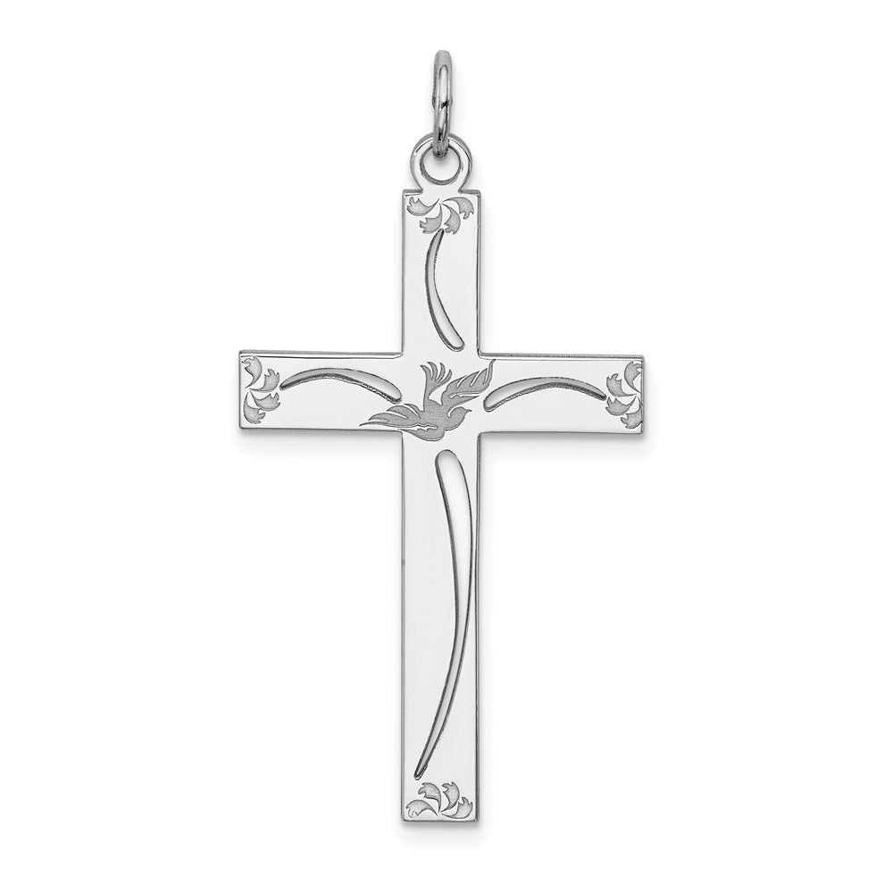 Sterling Silver Rhodium-plated Laser Cut Cross Pendant, 37 x 20 mm