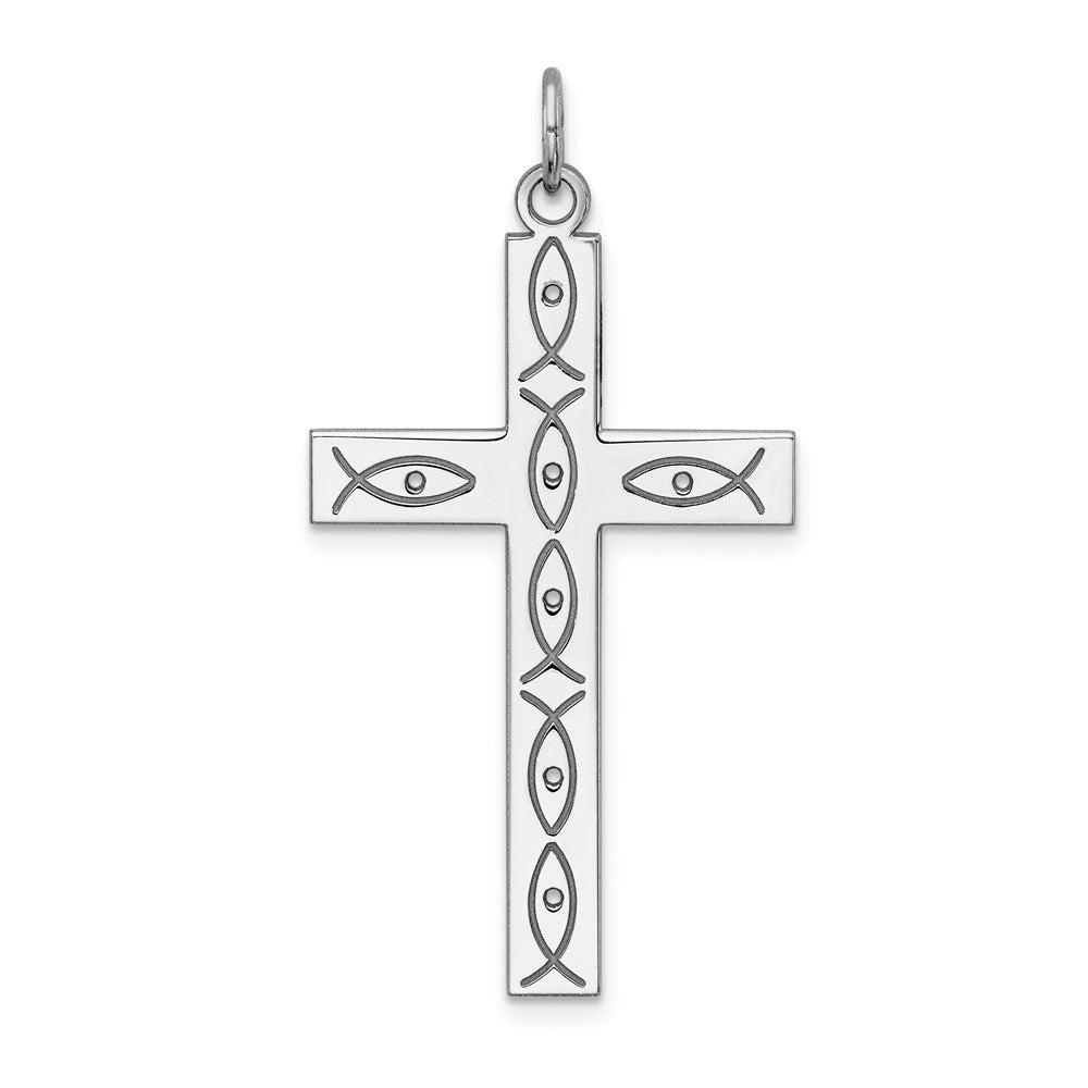 Sterling Silver Rhodium-plated Laser Cut Cross Pendant, 38 x 20 mm, 1.36 g
