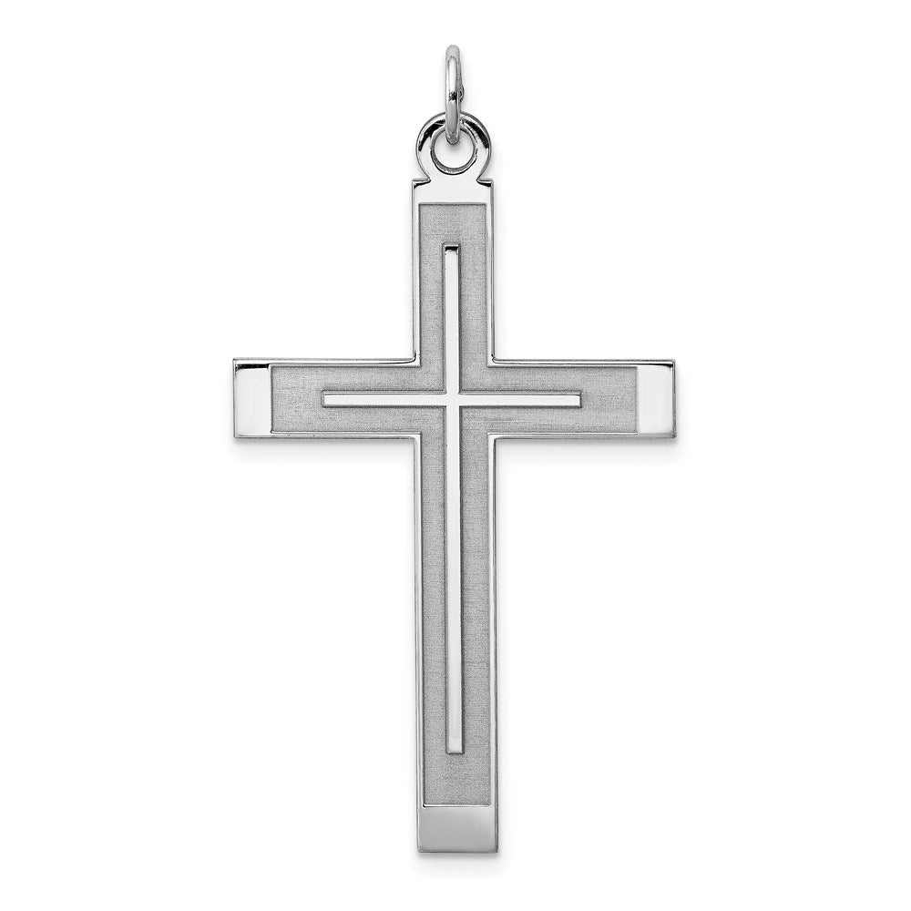 Sterling Silver Rh-plated Satin & Polished Laser Cut Cross Pendant, 44 x 24 mm