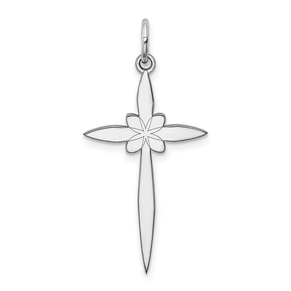 Sterling Silver Rhodium-plated Laser Cut Cross Pendant, 30 x 15 mm, 0.56 g