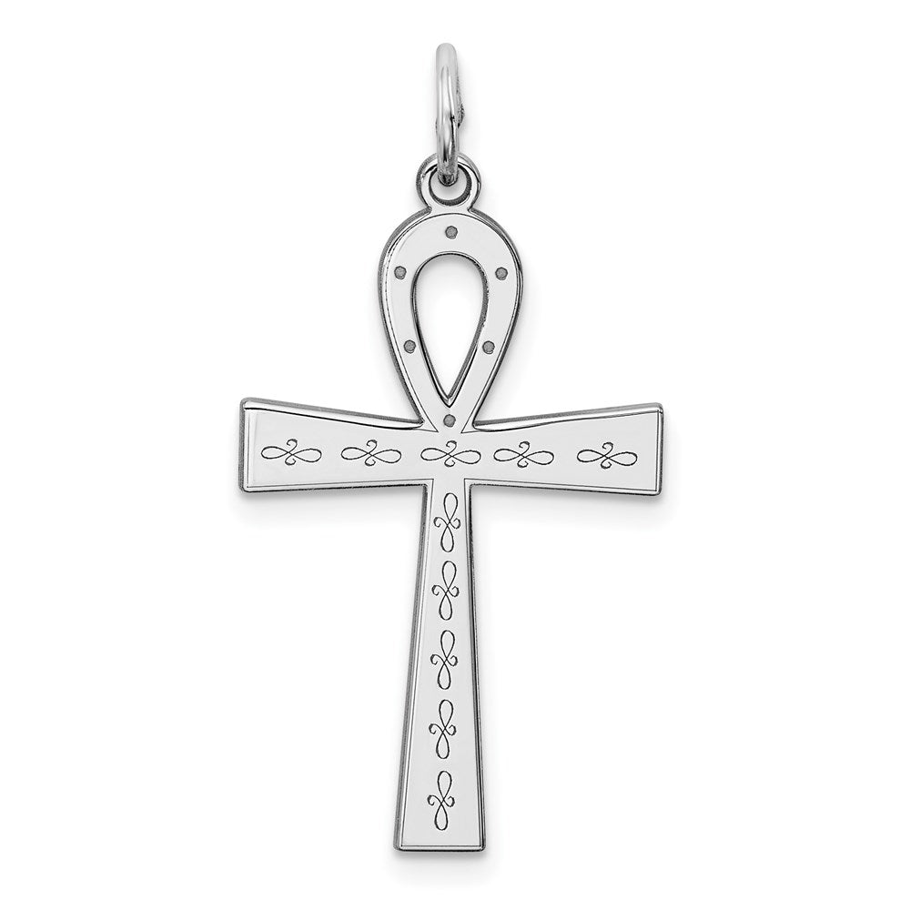 Sterling Silver Rhodium-plated Laser Cut Cross Pendant, 30 x 17 mm, 0.82 g