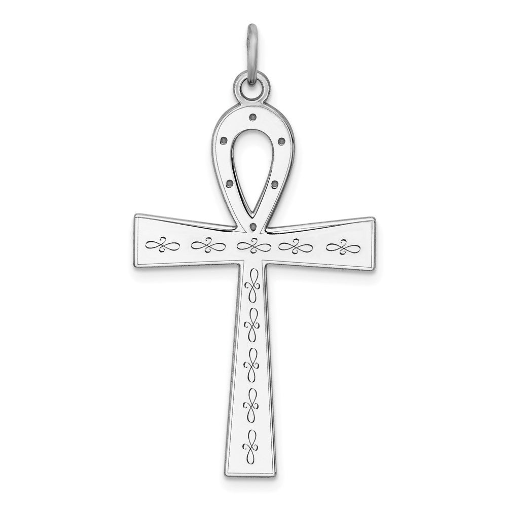 Sterling Silver Rhodium-plated Laser Cut Cross Pendant, 38 x 20 mm, 1.34 g
