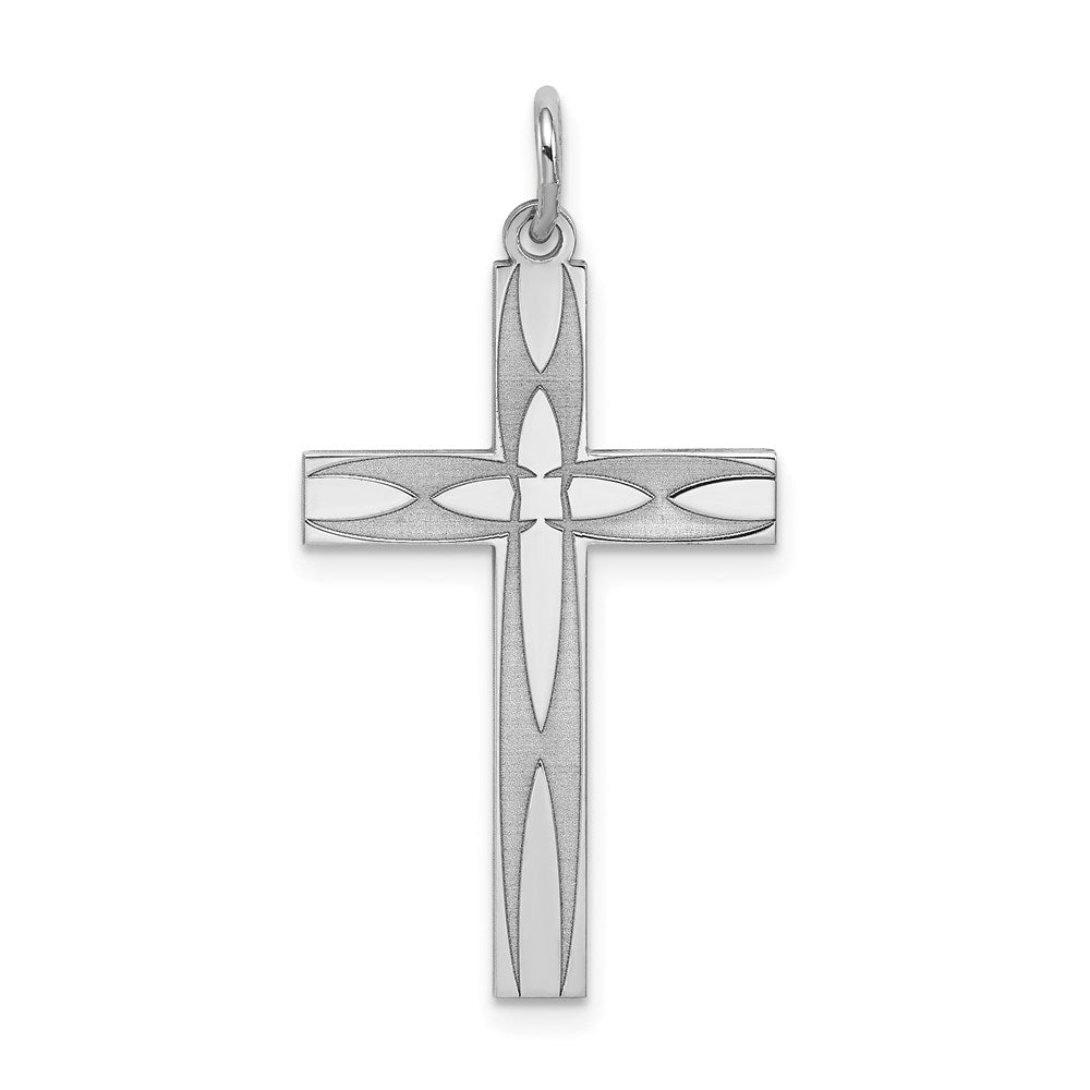 Sterling Silver Rhodium-plated Laser Cut Cross Pendant, 31 x 16 mm, 0.8 g