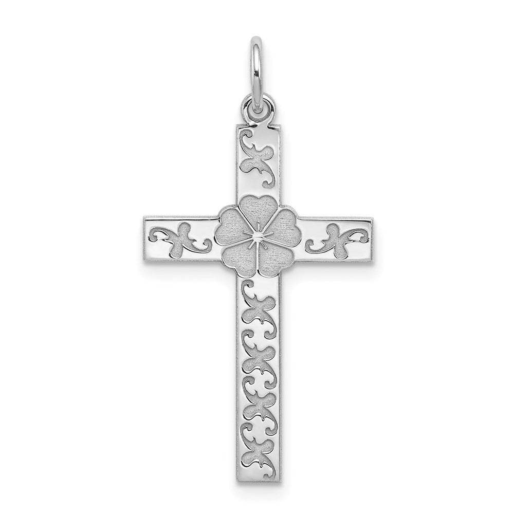 Sterling Silver Rhodium-plated Laser Cut Cross Pendant, 30 x 15 mm, 0.77 g