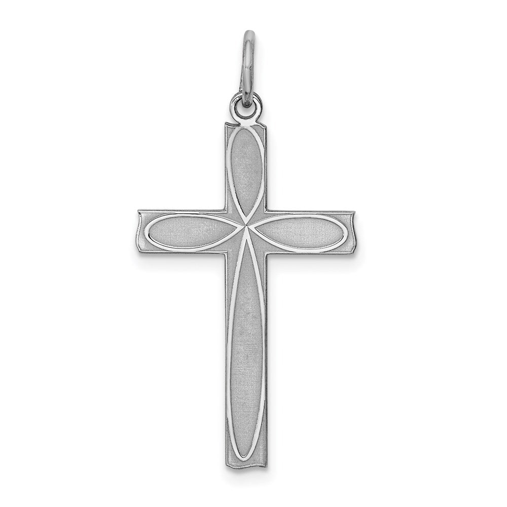 Sterling Silver Rhodium-plated Laser Cut Cross Pendant, 30 x 15 mm, 0.75 g