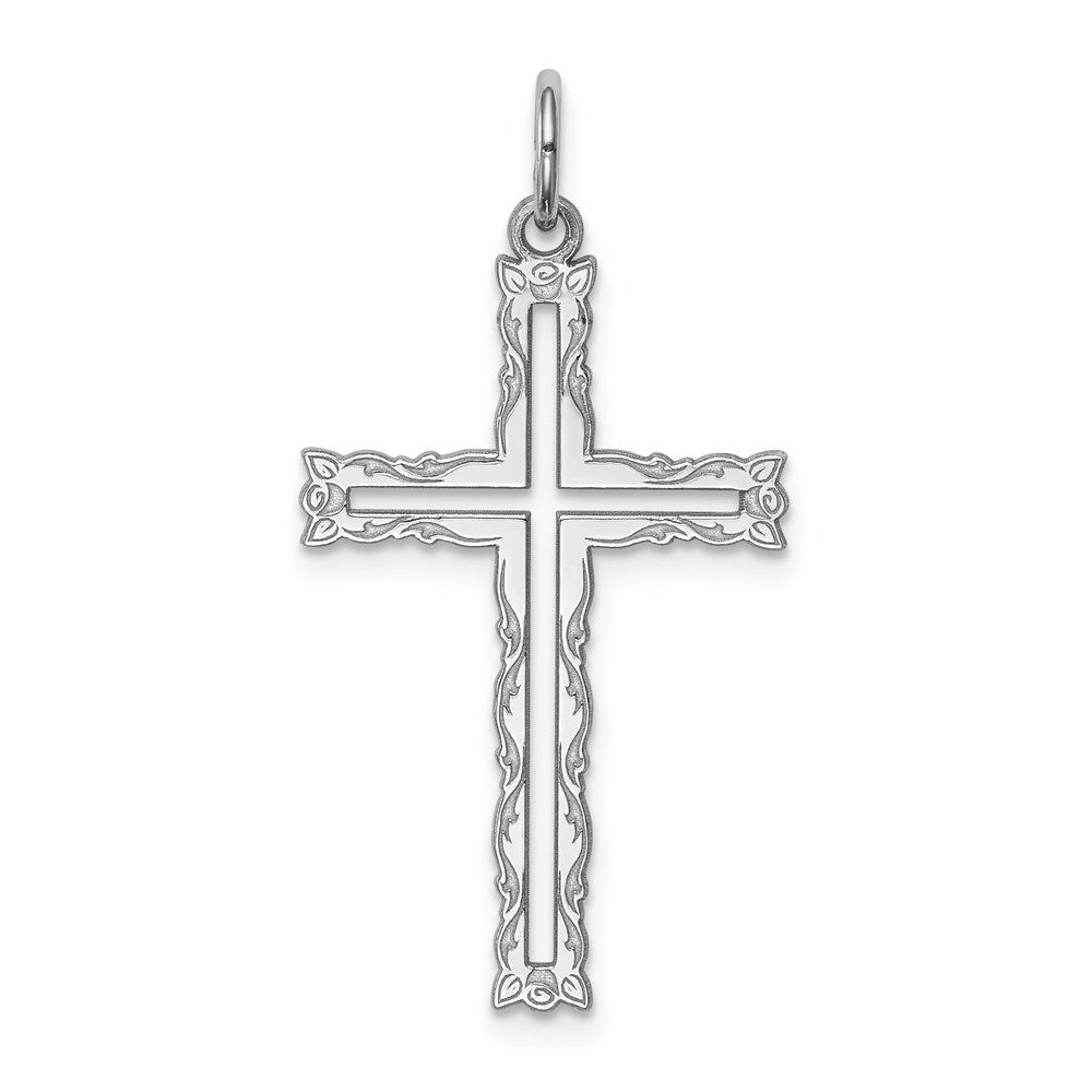 Sterling Silver Rhodium-plated Laser Cut Cross Pendant, 30 x 16 mm, 0.6 g