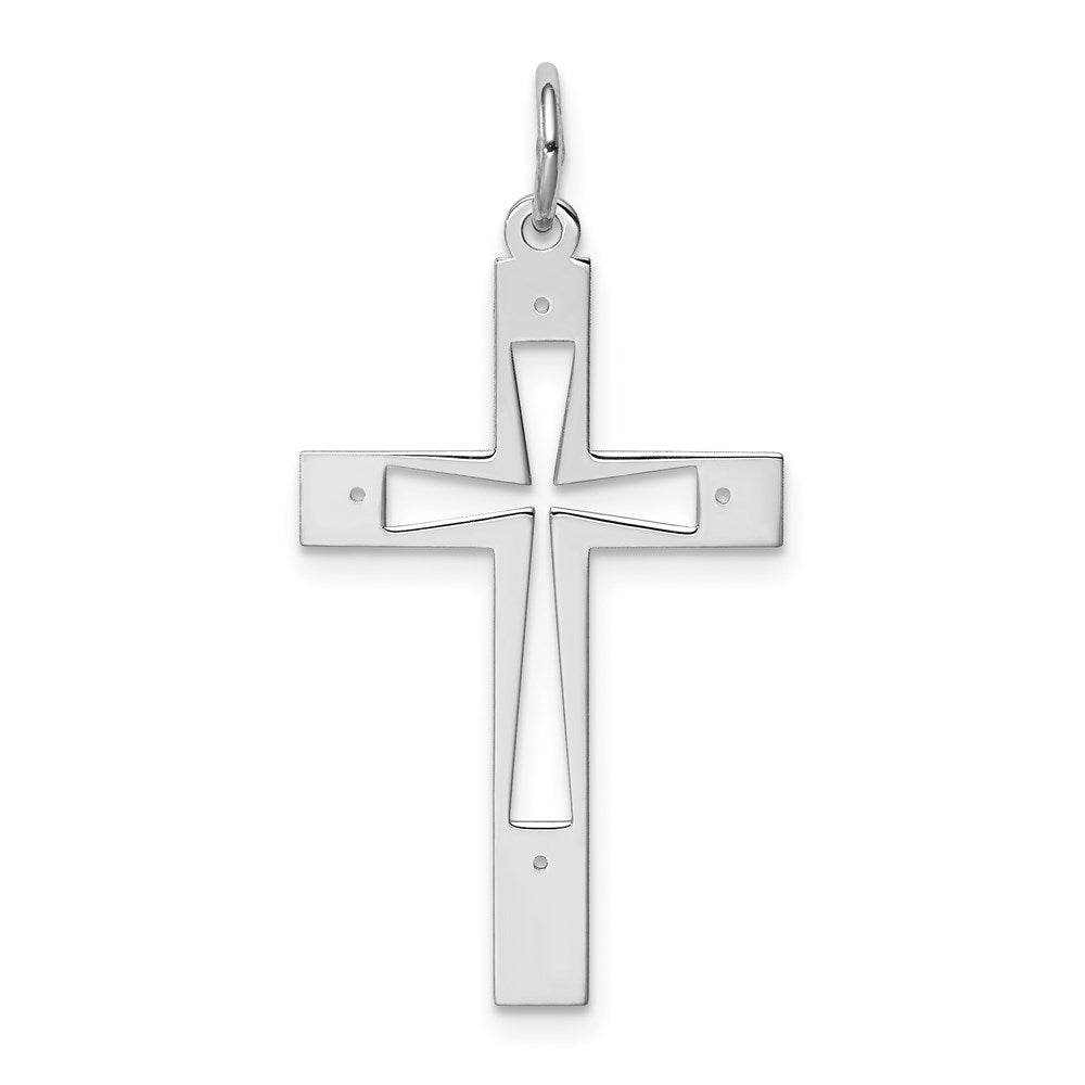 Sterling Silver Rhodium-plated Laser Cut Cross Pendant, 30 x 16 mm, 0.61 g